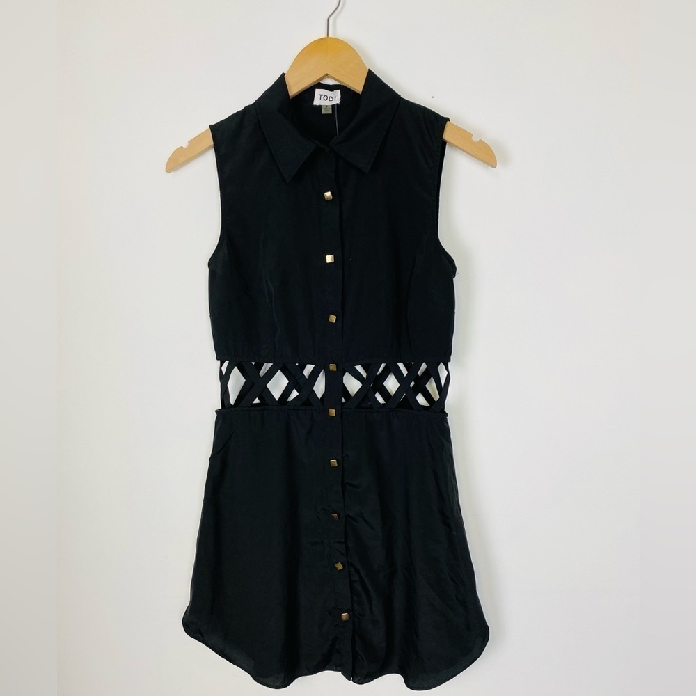 Tobi Button Front Mini Dress with Cut Outs, Size Small, Black Mini Dress